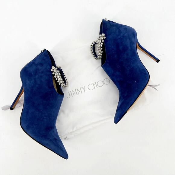 Jimmy Choo Blaize 100 Navy Blue Suede Ankle Bootie Crystal Strap size IT 37 - Picture 1 of 13